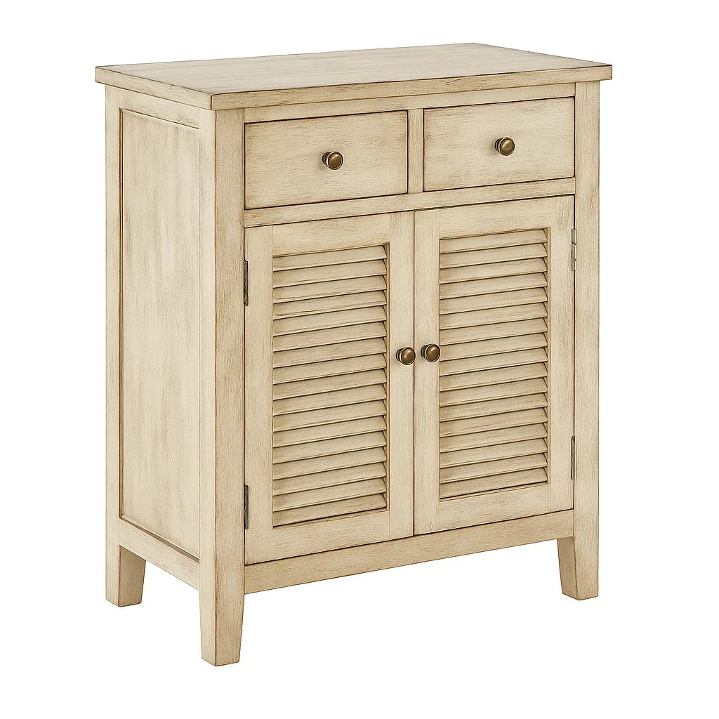 Beiger Holzschrank mit Schubladen und Lamellentüren