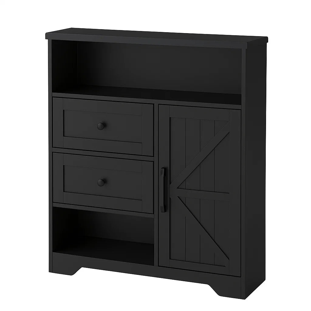 Schwarzes Holzregal mit Schubladen und Tür 80x30x110 cm