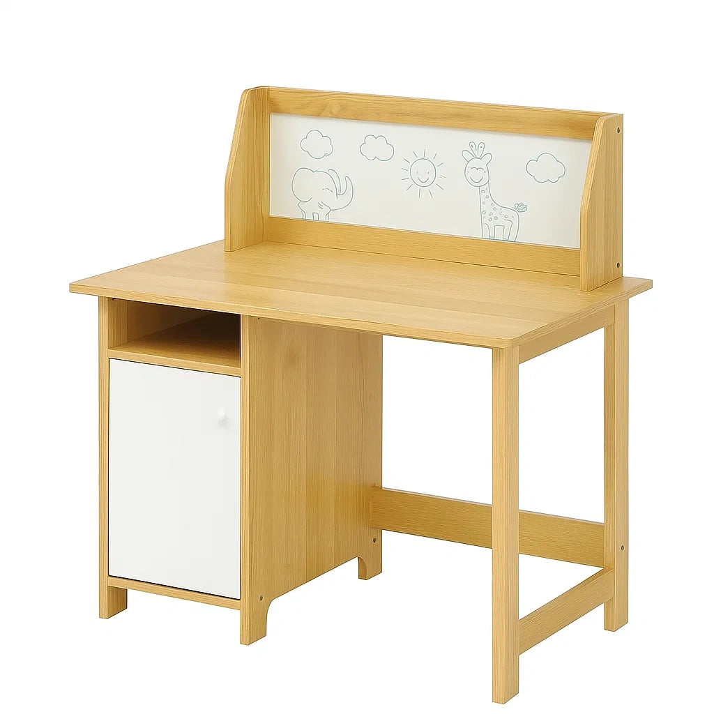 Kinder Schreibtisch Holz mit Regal und Schrank, Natur/Weiß, 90x50x75 cm