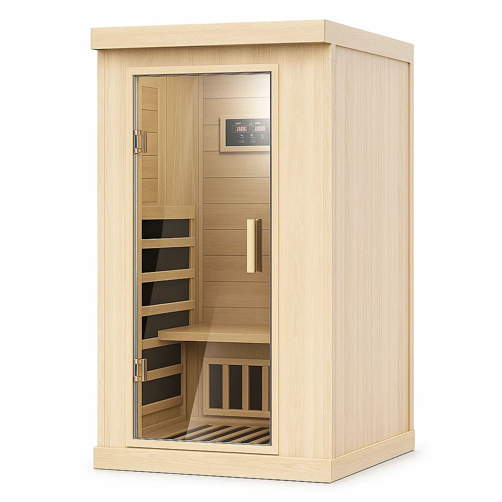 Infrarotkabine aus Holz mit Glastür und Bedienfeld