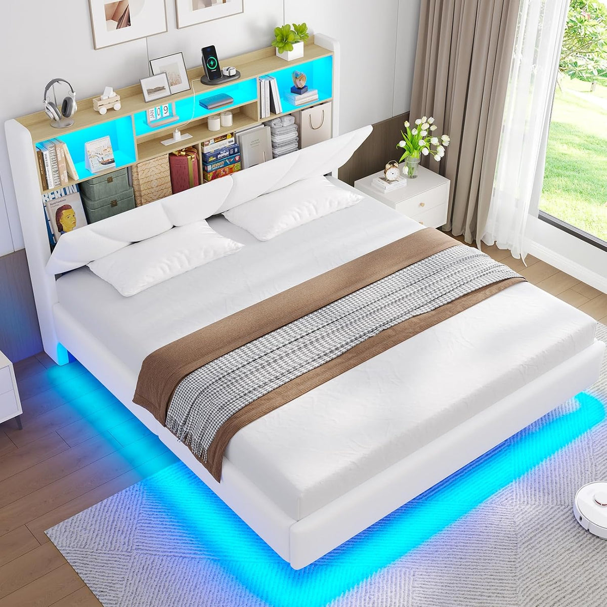 Brinlawb Schwebebett Polsterbett 140x200 cm mit LED-Beleuchtung und Ladestation (2 Steckdosen, 1 USB-A, 1 USB-C) Polsterkopfteil mit offenem Regal