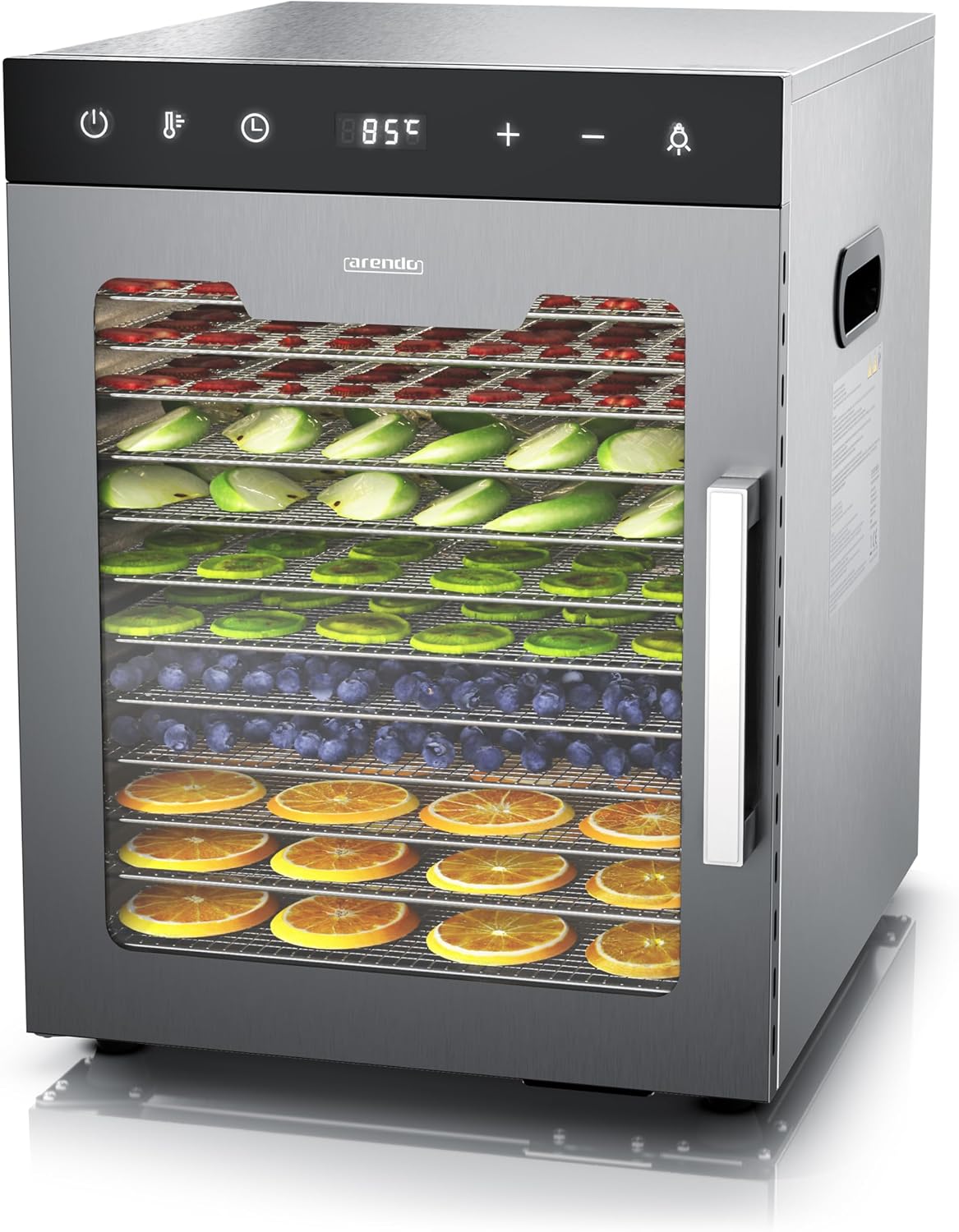 Arendo, 800 W, 30°- 90°C, Dörrautomat Edelstahl mit 12 Edelstahlgitter, 12 Edelstahl Einlegetabletts mit insgesamt 10.000 cm², Obst Fleisch Pilze