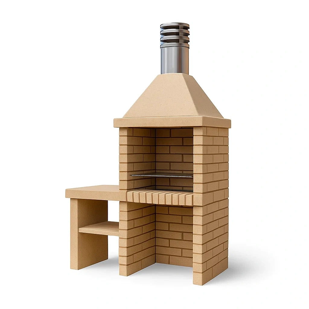 Schamottestein Gartengrill mit Edelstahl-Schornstein, Sand, 150 x 60 x 200 cm