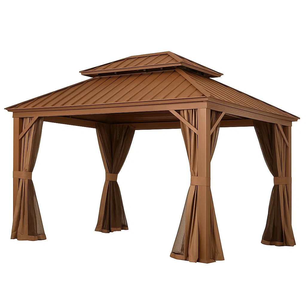 Gartenpavillon Aus Metall Mit Polyester Vorhängen Braun 300x400x260 cm