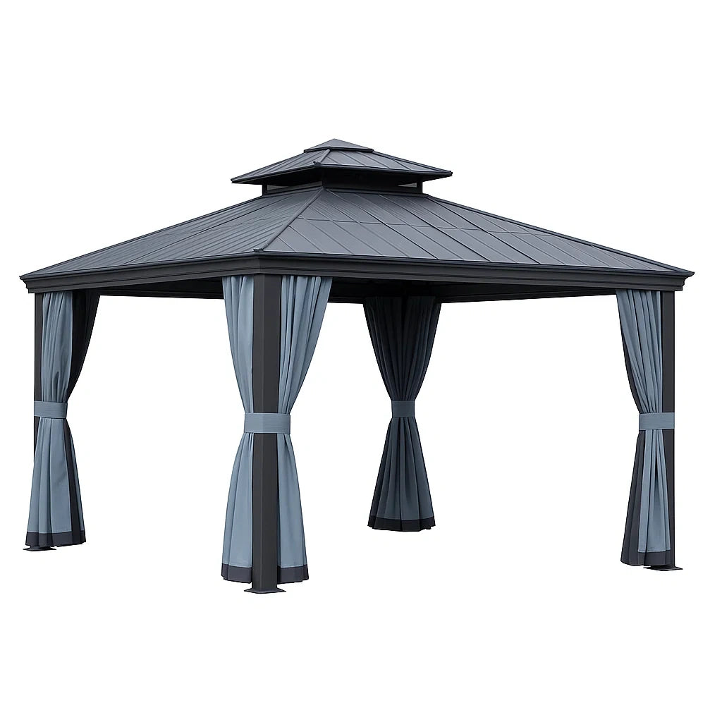Aluminium Pavillon mit Stahlblechdach und Polyester-Vorhängen Dunkelgrau 3x4m