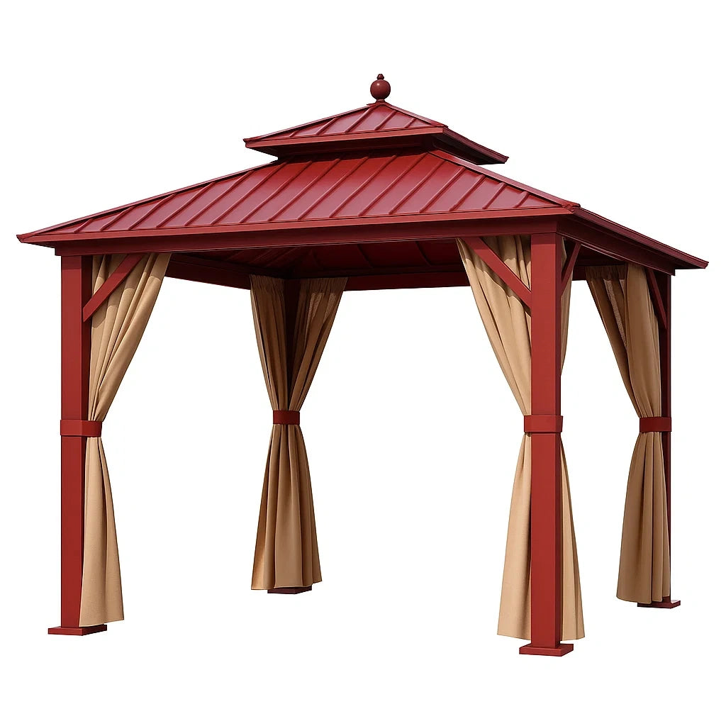 Metallpavillon mit Rotem Dach und Polyester Vorhängen 3x3m