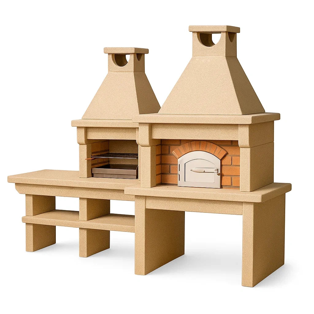 Grill- und Pizzaofen-Set aus Beton und Ziegel, Sand, 200x80x180 cm