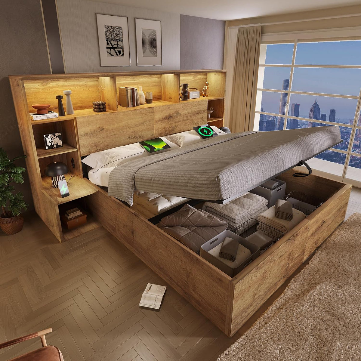 ANIROY Doppelbett Holzbett 160x200cm, ohne Matratze, Hydraulisches Stauraumbett mit Kopfteil, Stauraum-Kopfteil mit LED & USB-C-Anschluss, Eiche