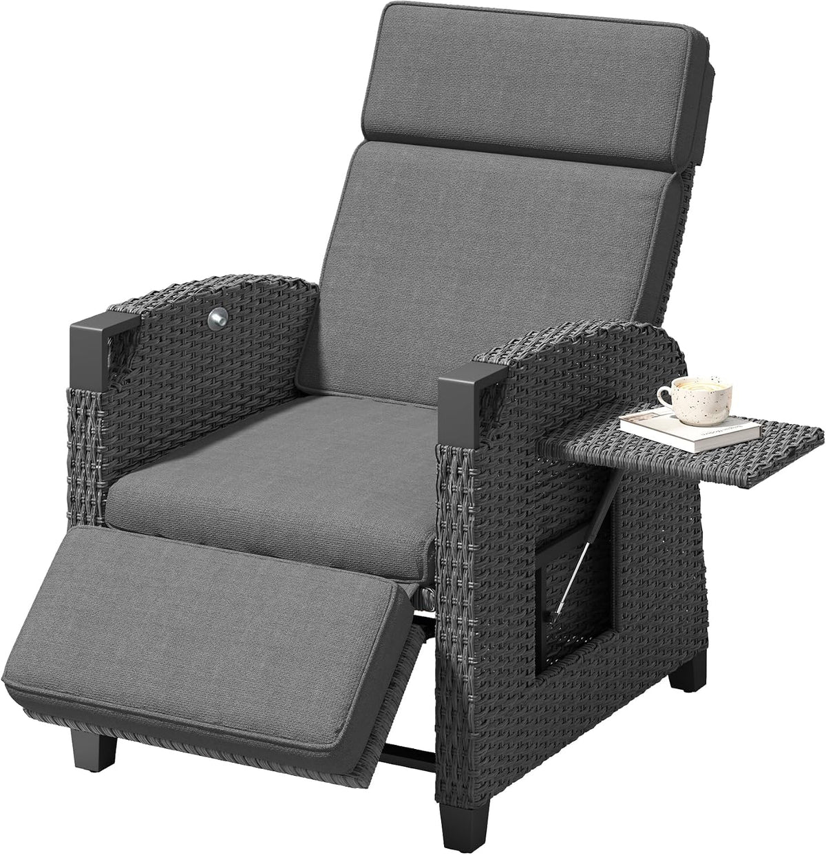 Amopatio Relaxliege Liegesessel, Rattan Sonnenliege mit Verstellbar Rückenlehne und Klapptisch, für Terrasse, Outdoor Gartensessel wetterfestes