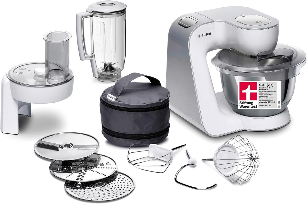 Bosch Küchenmaschine Serie 4, Mixer 1,25 L, MUM58W20, Edelstahl-Schüssel 3,9 L, 1000 W, Knethaken, Schlag- und Rührbesen Edelstahl spülmaschinenfest