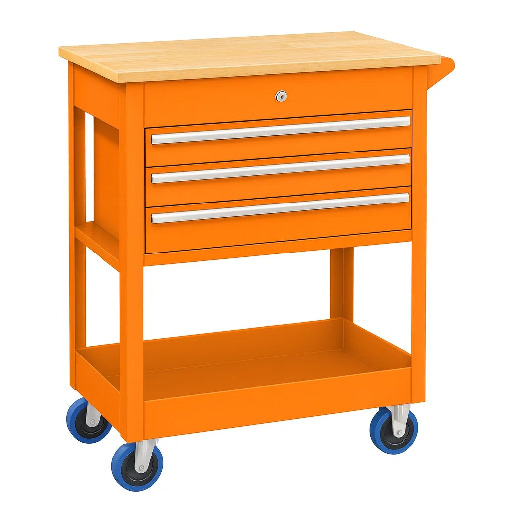 Stahl Werkzeugwagen mit Holzoberfläche und 3 Schubladen Orange