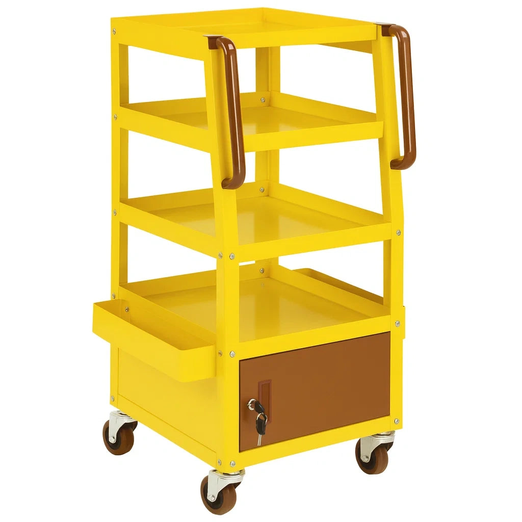 Gelber Metallwagen mit 4 Ebenen und Schublade