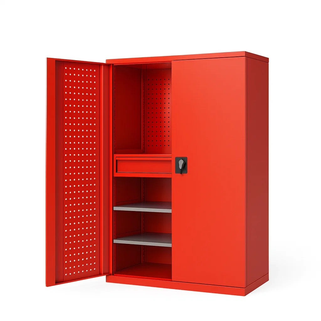 Roter Stahlschrank mit Türen und Einlegeböden