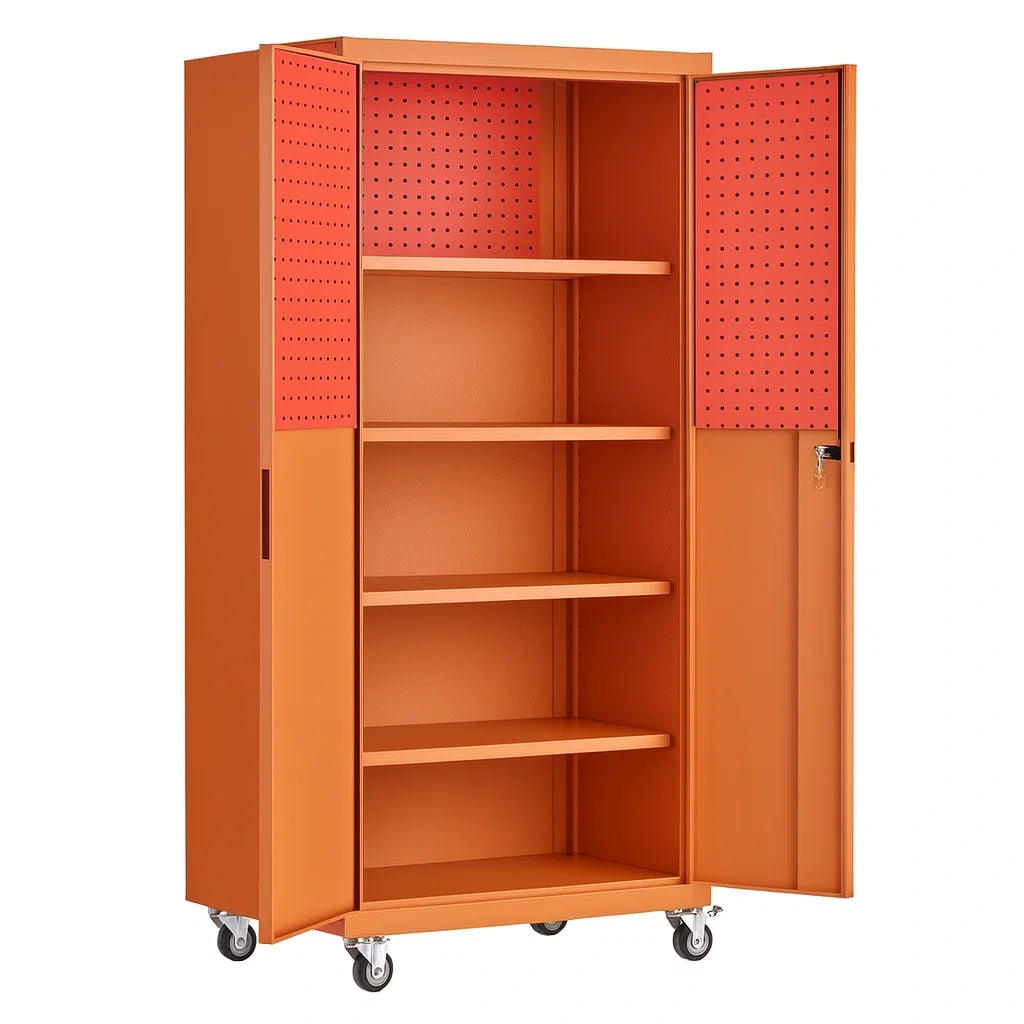 Metallschrank mit Rädern und Schloss, Orange, 180 cm Höhe