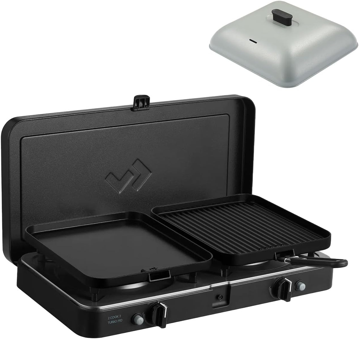 CADAC, 50mBar, Gas Tischgrill mit 2 Brennern und Aluminium Grilldeckel, Outdoor Campinggrill Set mit Piezo-Zündung und Flammenausfallsicherung