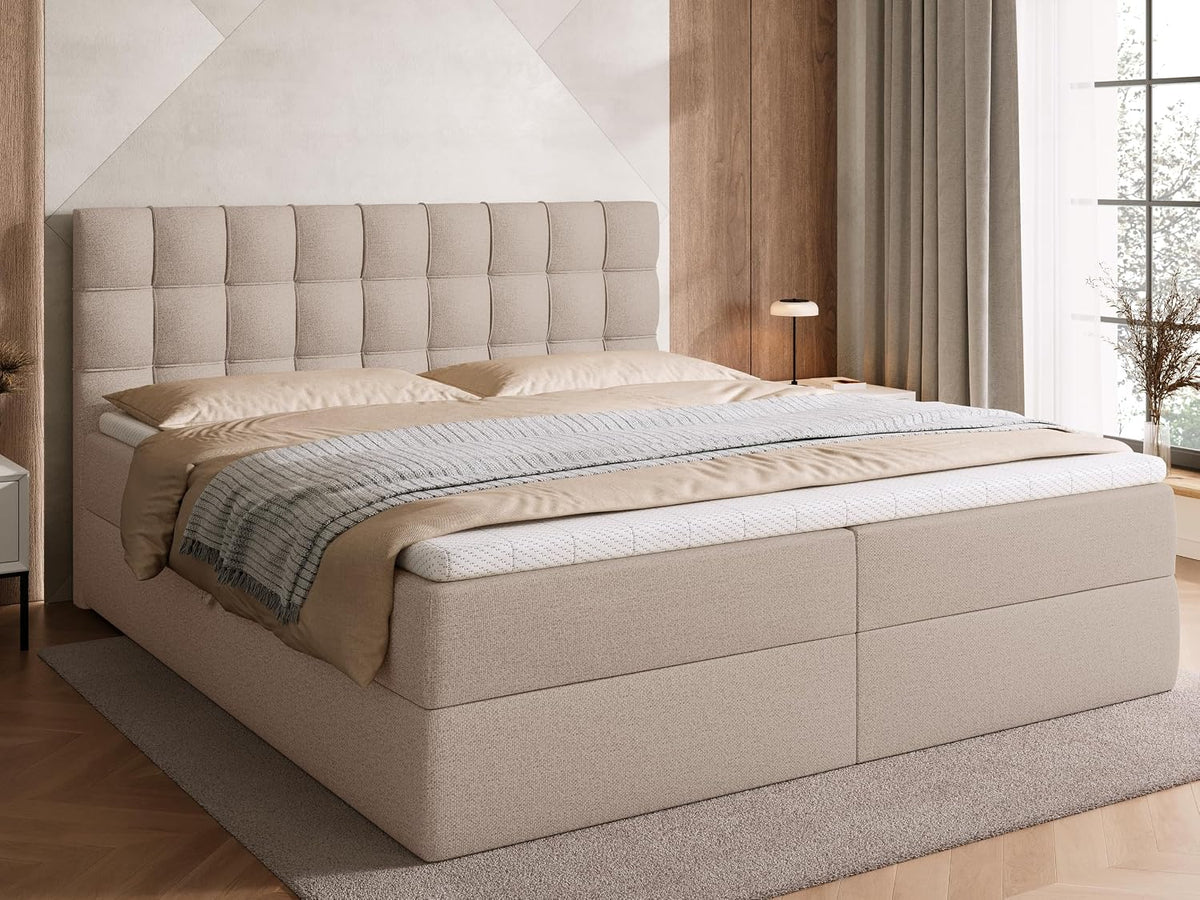BROMARKT Boxspringbett mit Bonell Matratze und Bettkasten Doppelbett mit Topper 180x200cm Härtegrad H3 Bett für Schlafzimmer gepolsterte Kopfstütze