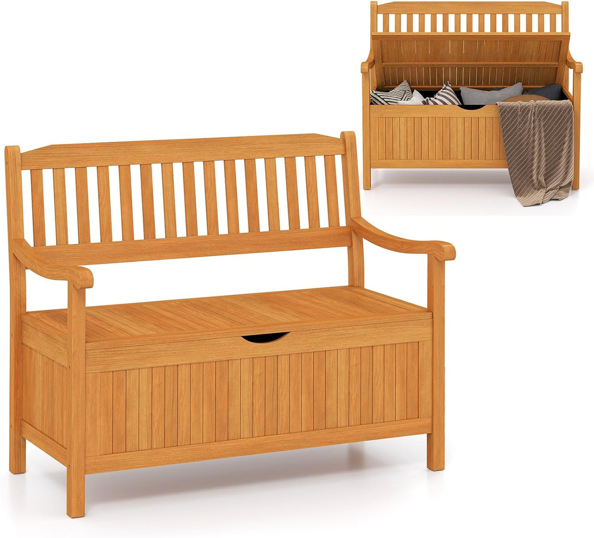FANTASK Gartenbank Holz mit Stauraum, Outdoor Balkonbank mit abnehmbarem Innensack bis 360kg belastbar, Aufbewahrungsbank für 2-Sitzer, Natur
