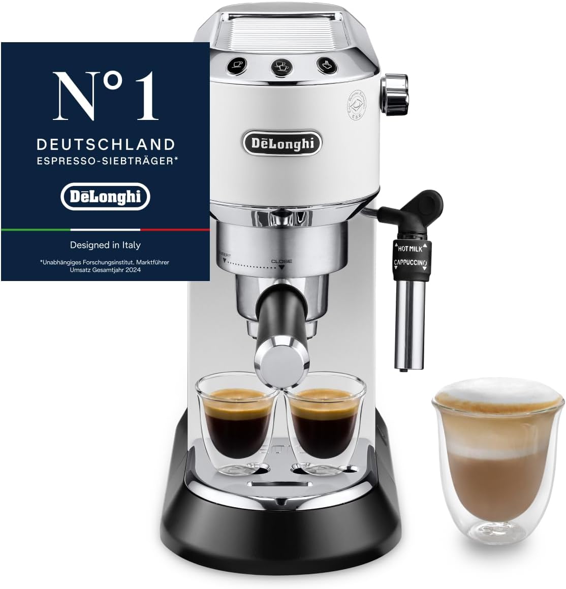 De'Longhi Dedica Style, 15cm breit, Weiß (EC685.W), Perfetto Kompakte Siebträgermaschine Espressomaschine mit Tasten, ESE Pad geeignet
