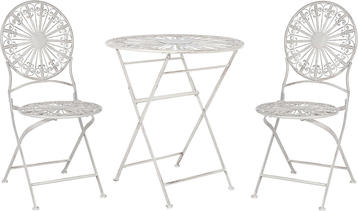 Beliani Garten Bistro Set Tisch mit 2 Stühlen zusammenklappbar Metall verwittert Effekt Weiß Scafia