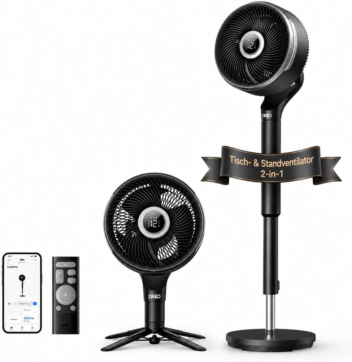 DREO Smart-Ventilator fürs Schlafzimmer, 12-h-Timer., 36,6 m CirculAir-Reichweite, 20 dB, Standventilator，150°+100° omnidirektionaler Oszillation