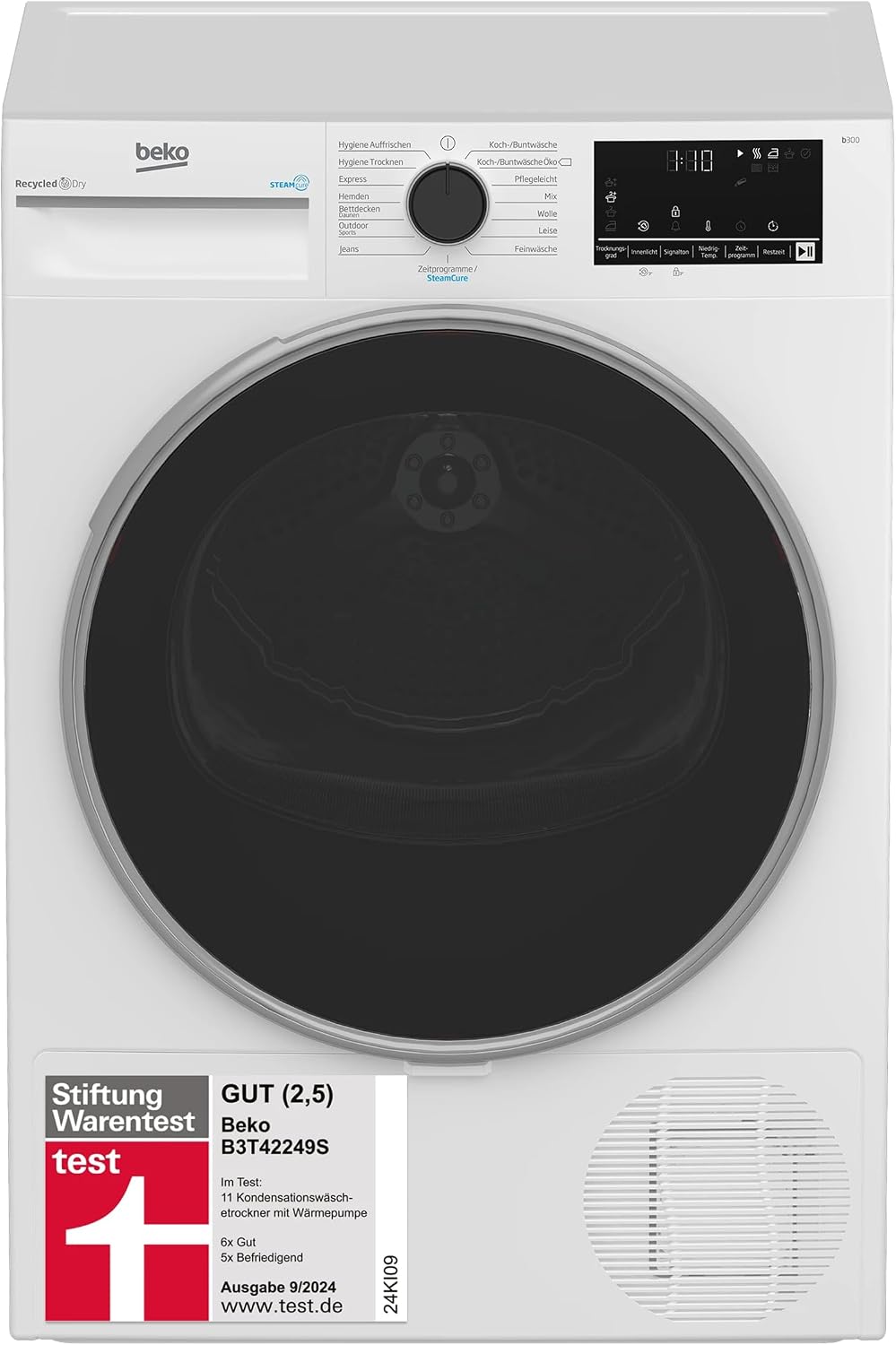 Beko B3T42249S Wärmepumpentrockner, 8 kg, Wäschetrockner, allergikergeeignet, Hygiene Trocknen & Hygiene Auffrischen, SteamCure Dampffunktion, Express