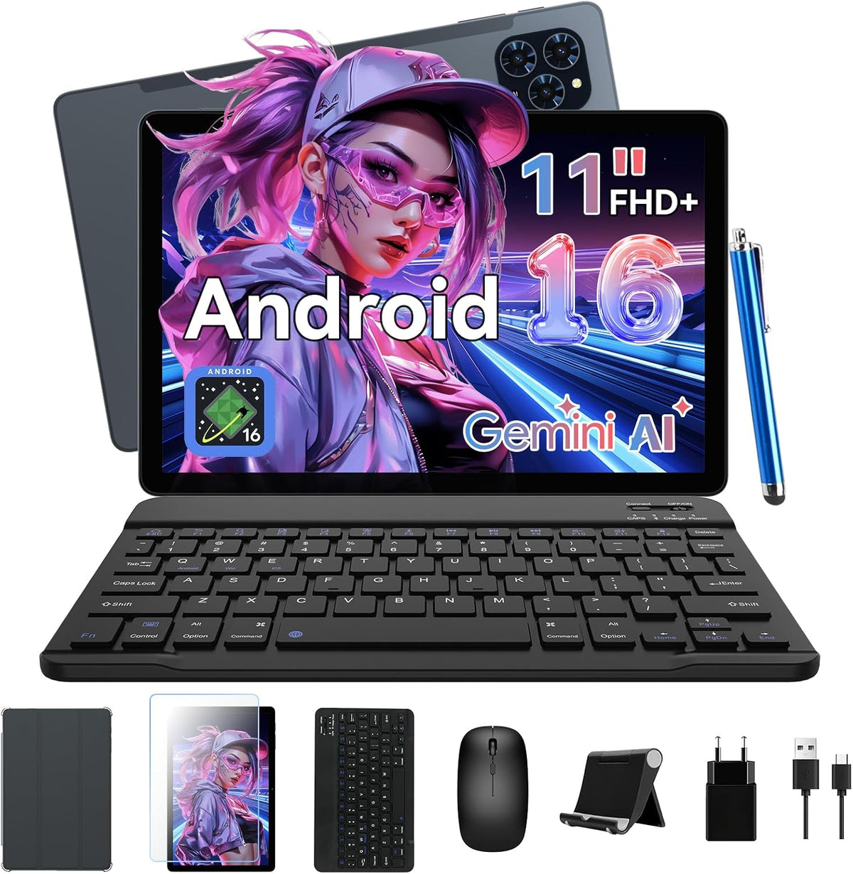 11 Zoll Tablet mit Tastatur, 24GB RAM (8+16), 128GB, Android 16, WiFi