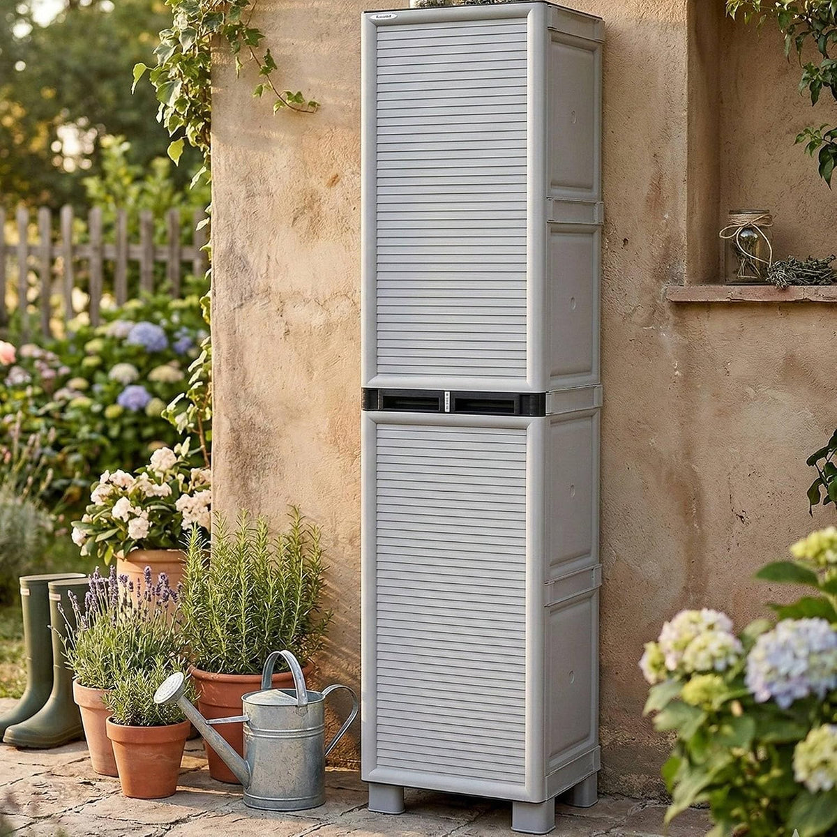 Dmora Mehrzweckschrank für den Außen und Innenbereich, 50x39h172 cm, 1 türige Mobile und 3 Polypropylen Regale, 100% Made in Italy, hellgraue Farbe