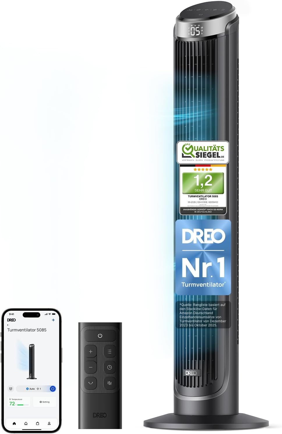 DREO Smart Turmventilator Sehr Leise, 7.9 m/s Windstärke, 90° Oszillierend Standventilator für Schlafzimmer, 5 Stufen, 4 Modi, Alexa, 12H Timer