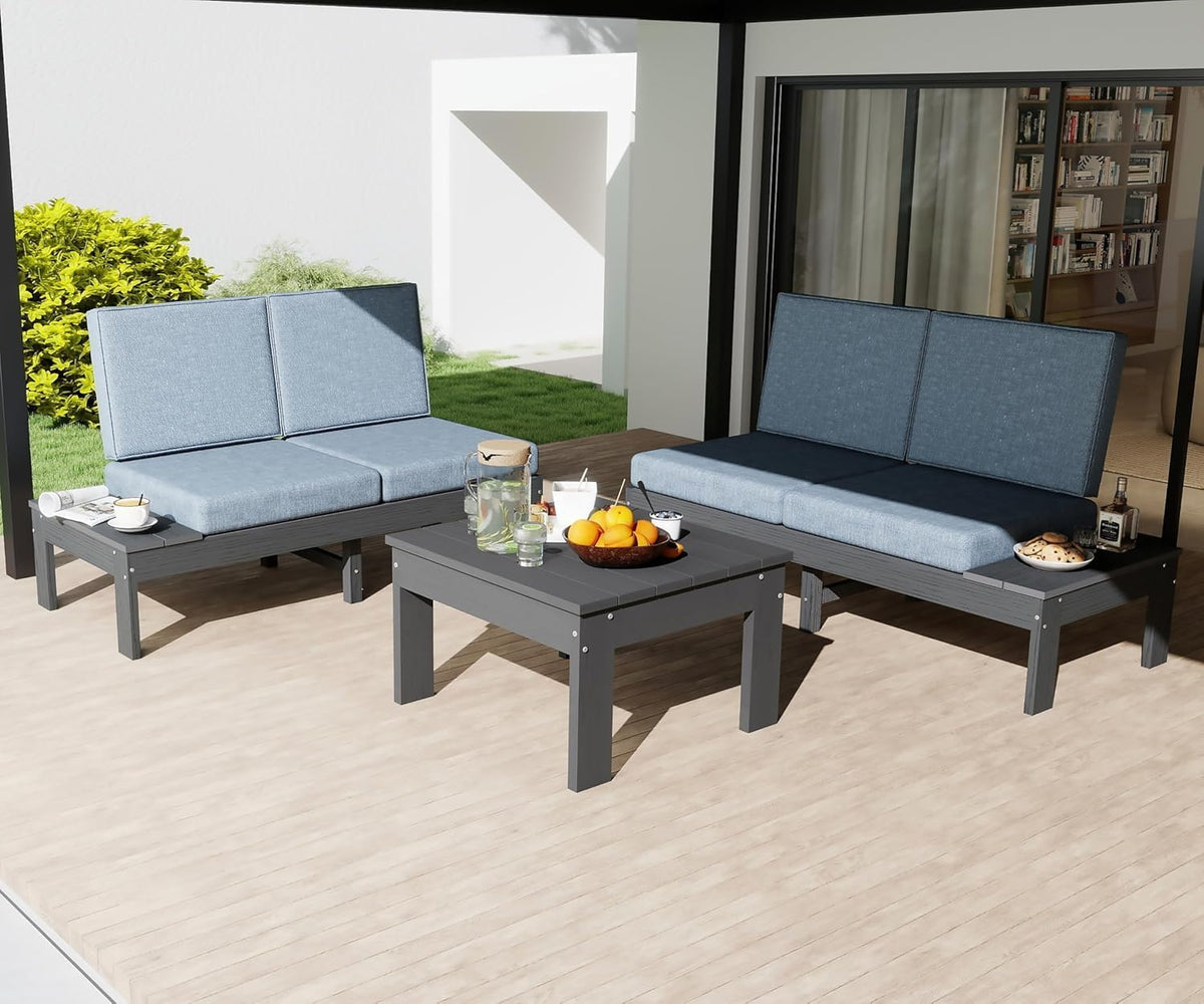 Domi HDPE Gartenmöbel Set, modernes 3-teiliges Sitzgruppe mit linkem und rechtem Sofa, geeignet für Hinterhof, gepolsterte Eckgruppe samt Couchtisch