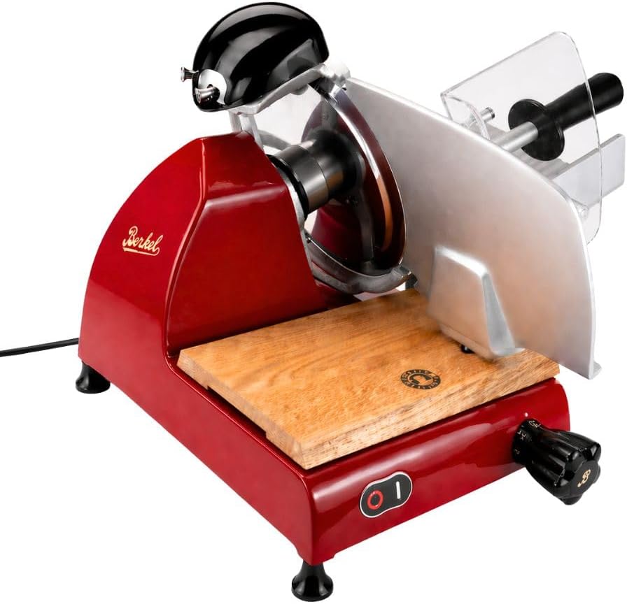 Berkel Aufschnittmaschine, Red Line 250 rot, Profi Allesschneider, Neues Modell + 100% handgefertigtes Schneidebrett
