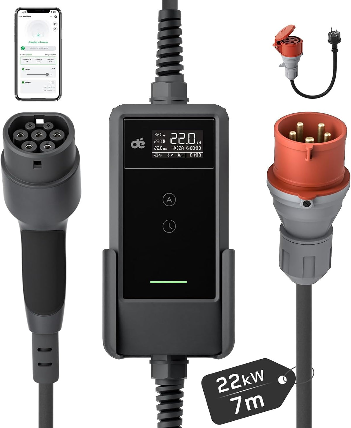 dé Mobile Wallbox/Ladestation 22kW Mit App [3-phasig|7m|6-32A] mit stromzähler, EX30, Ladekabel CEE 32A auf Typ 2 und EV Ladegerät für Model Y/3, MG4