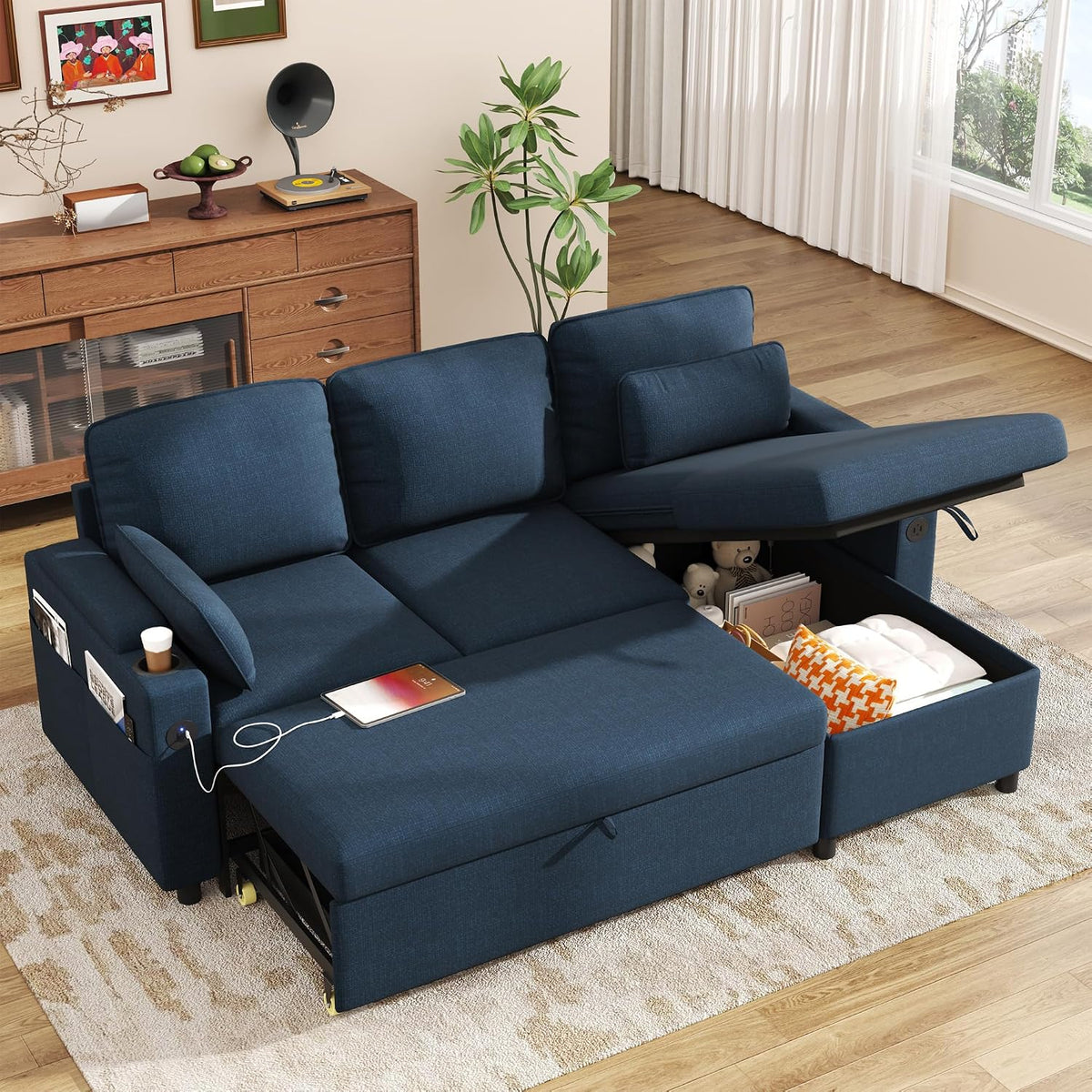 DURASPACE Schlafsofa Ausziehbar 2 in 1 Sektional Couches Schlafcouch mit Lagerung, USB, Getränkehalter