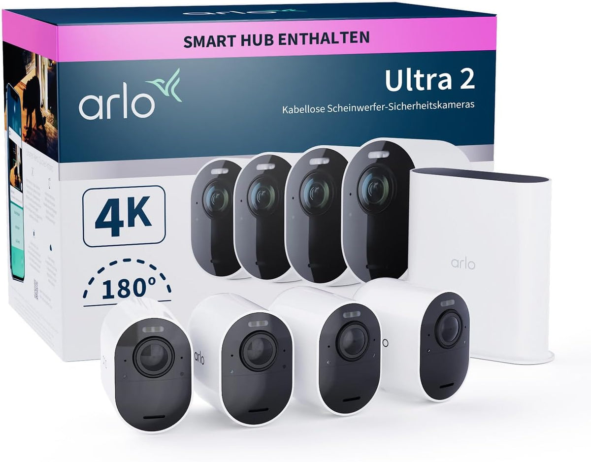 Arlo Ultra 2 Überwachungskamera Aussen WLAN, Alarm Sirene + mit Arlo Secure Testzeitraum, Kabellos, 4er Set, 4K UHD Qualitätsprodukt, 180° Sichtfeld