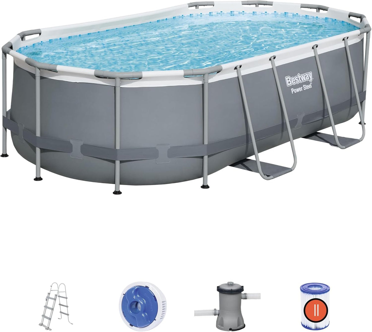 Bestway Power Steel Frame Pool Set, 424 x 250 x 100 cm, oval, grau