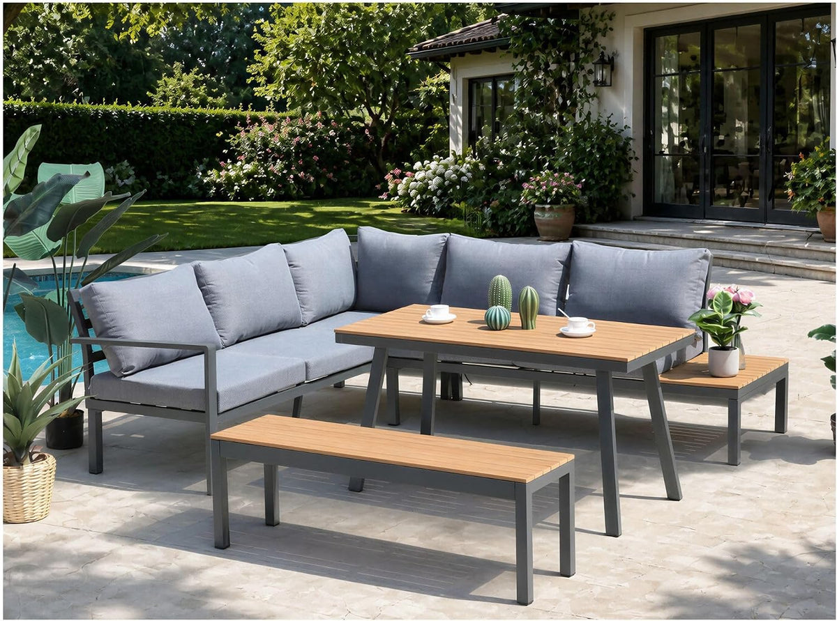 ALEOS. Gartenlounge Lounge Set aus Aluminium und echt Teakholz inklusive Bank Loungeecke Loungegarnitur Sitzgruppe Sofagarnitur Esstischlounge