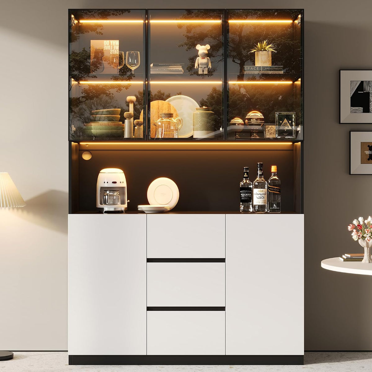 BTM Glasvitrine Stehend mit LED, Regalen & Schubladen Hochschrank Vitrinenschrank Wohnzimmer Küchenvitrine 120×40×200 cm