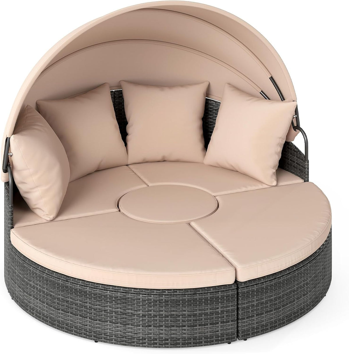 COSTWAY Sonneninsel mit Dach und Tisch, Sonnenliege Rattan für 2 Personen, Gartenliege mit Sitz- und Rückenkissen, runde Liegeinsel für Garten