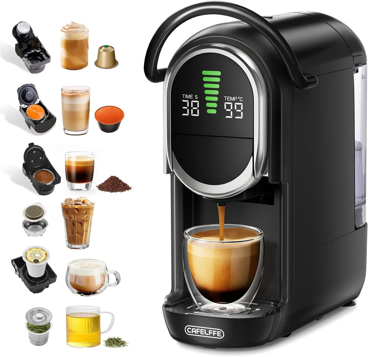 CAFELFFE MK-609S 6-in-1 Kapselkaffeemaschine, 1450 W, kompatibel mit NES Original/DG/ESE/K-Cup-Kapseln/Tee/gemahlenem Kaffee, 19 Bar Espressomaschine