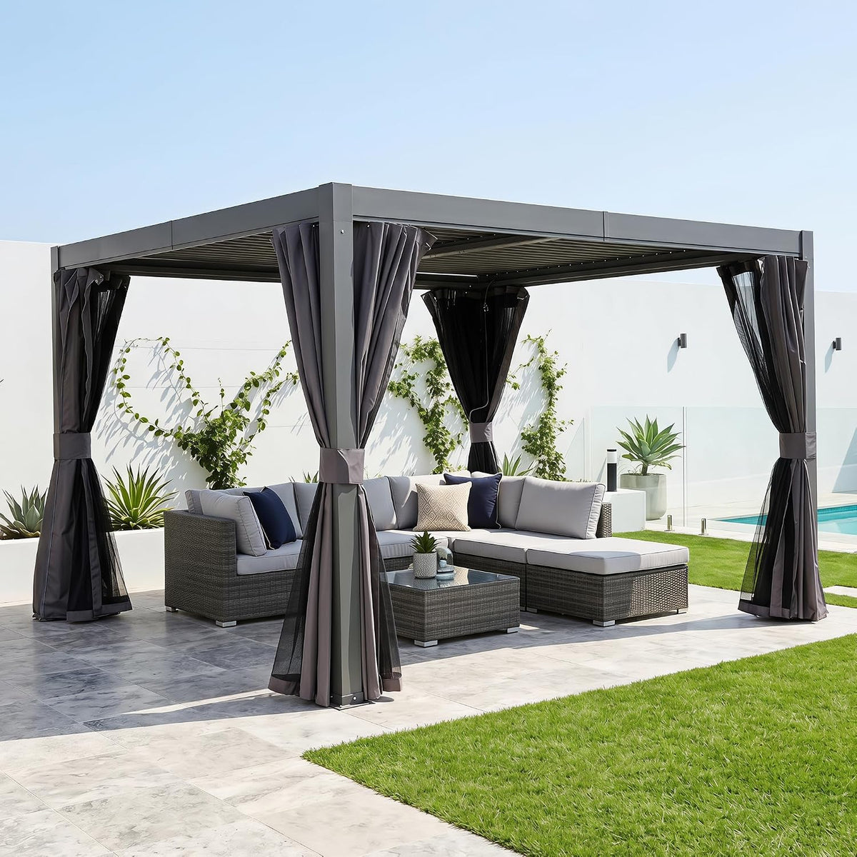 Domi Pergola 3m x 3m, Alu Terrassenüberdachung Hardtop Pavillon mit Moskitonetze und Vorhänge, Grau