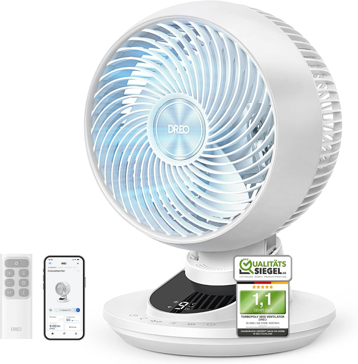 DREO 3D Tischventilator Sehr Leise 22 dB, Ventilator Klein mit Fernbedienung, 8/12h Timer für Schlafzimmer & Büro, 8,8 m/s Starker Luftstrom, 9 Stufen
