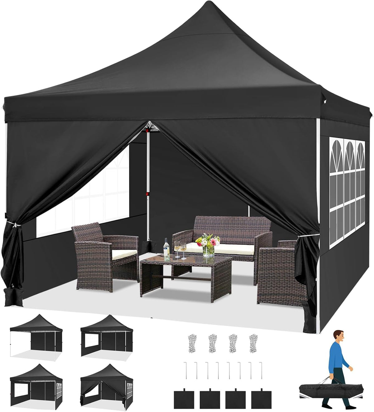COBIZI Faltpavillon 3X3, Pavillon 3x3m Wasserdicht Stabil Winterfest, Freien, Schwarz