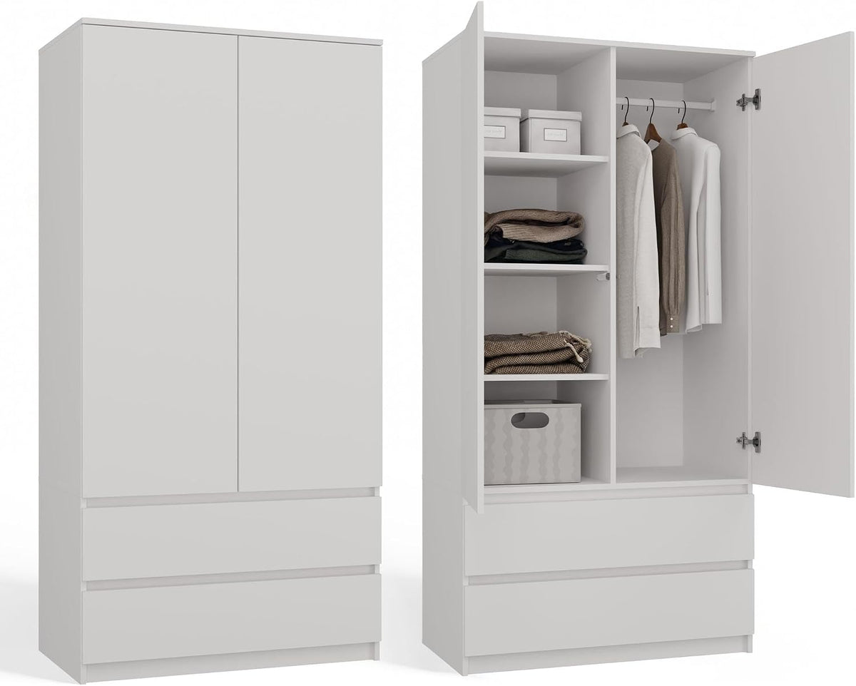 CDF Kleiderschrank Weiß 90cm Breit Kinderzimmer Schlafzimmer 2 Schubladen 2-türig Kleiderschrank Zweitüriger Schrank Moderne Look Alles für die