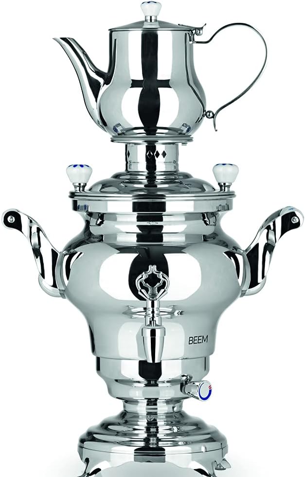 BEEM 06127 Samowar Odessa III, 3 Liter, 53 x 34 x 25 cm, Edelstahl, traditionelle Teezubereitung, 2 Heizspiralen, energiesparend, Silber
