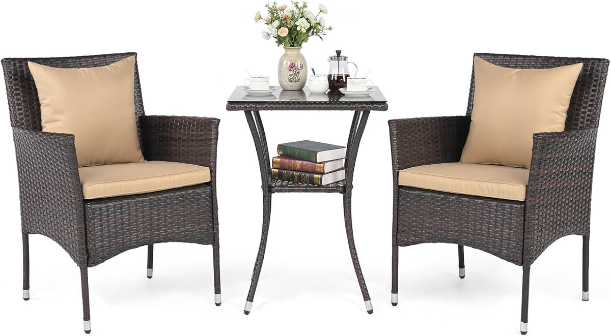 COSTWAY Rattan Gartenmöbel Set, Balkon Möbel mit 2 Sessel, Sitzgruppe für Garten, Balkonmöbel Kleiner Balkon, Glastisch und Kissen, Veranda