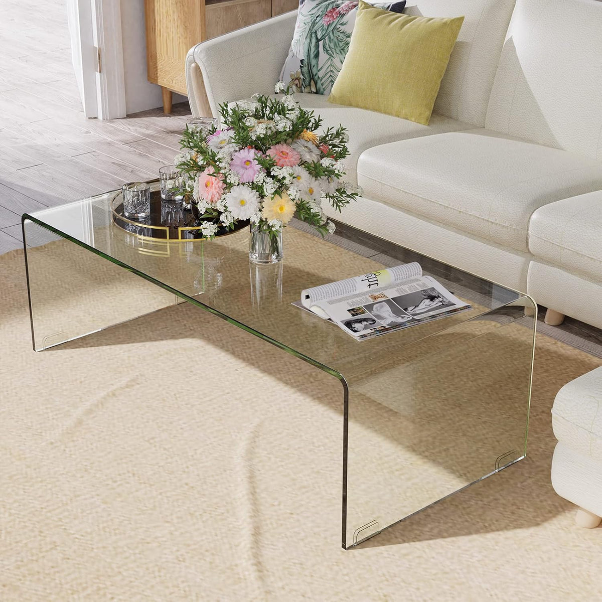 COSTWAY Couchtisch aus gehärtetem Glas, 136kg Belastbar,108 x 50 x 35 cm, für Wohnzimmer Büro Hotel, U-förmiger Beistelltisch, Moderner Glastisch