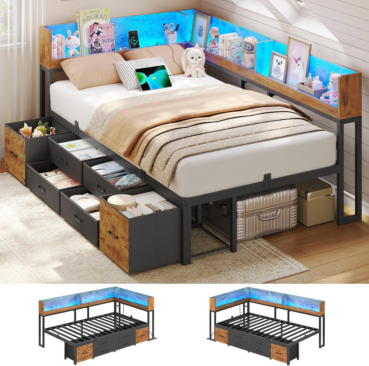 AOGLLATI Schlafsofa 90x200 Jugendbett mit Integriertem Bücherregal & 6 Schubladen, 90x200cm