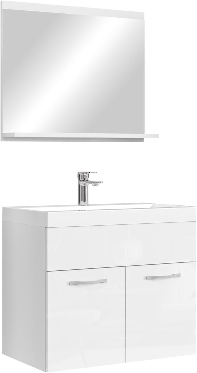 Badplaats Badmöbel Komplettset Montreal 02 60 x 35 cm Hochglanz Weiß, Badezimmermöbel mit Waschbecken und Spiegel