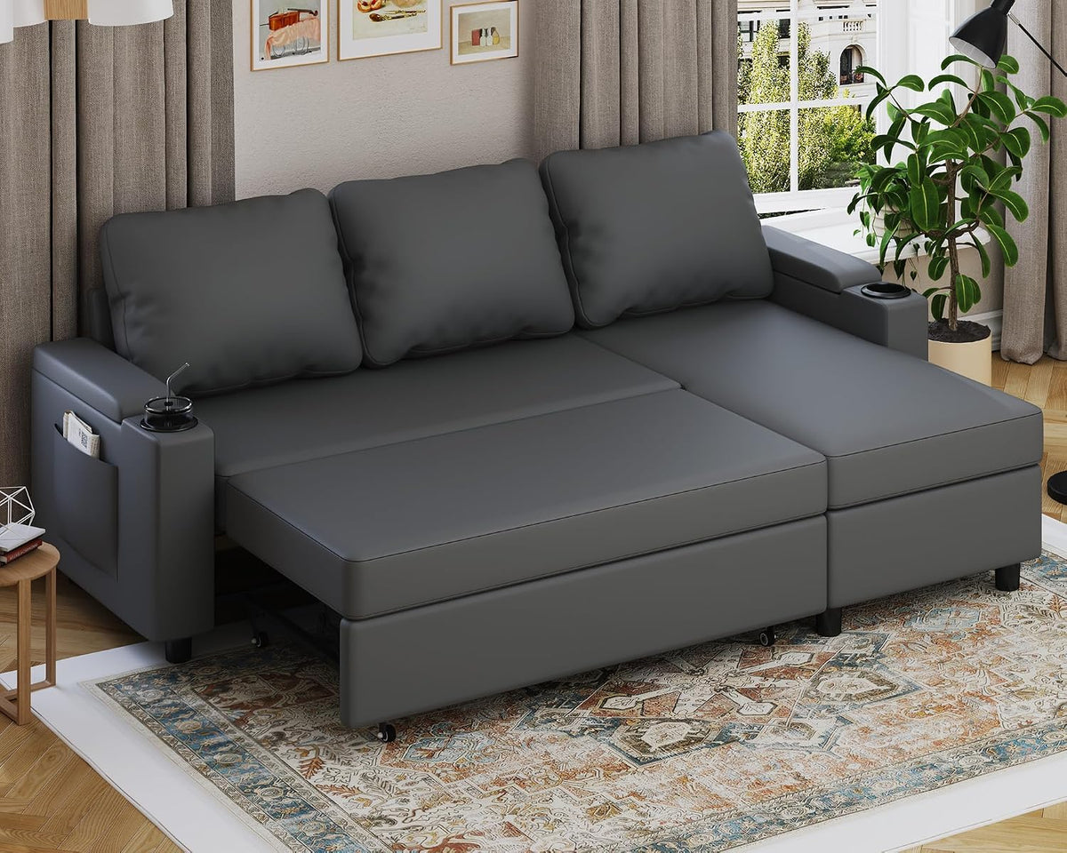 Devoko Ecksofa mit Schlaffunktion und Bettkasten L-Form Sofa 3-Sitzer Ausziehbares Schlafsofa Leder Couch Kleines Schlafcouch für Wohnung