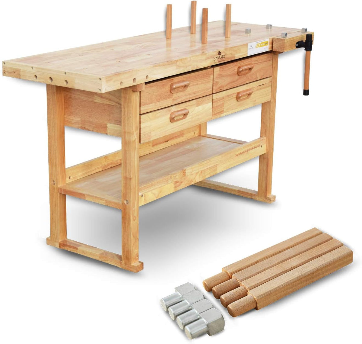 BAMATO Hobelbank WORK-1640 Werkbank Massivholz Holzhobelbank mit Schubladen